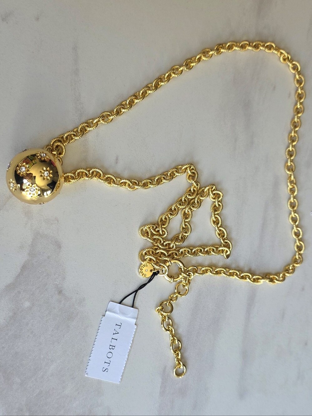 Talbots Gold Tone Round Link Chain 33" Necklace Round Charm Pendant w/ Stones